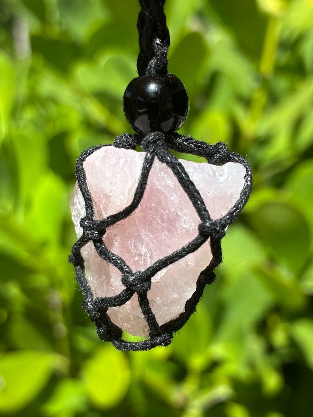Raw Rose Quartz Macrame Crystal Necklace Handcrafted Healing Stone Pendant